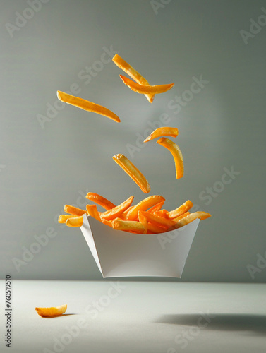 French fry floating in mid-air , falling in to a French fry box , against a vertical gradient backdrop сreated with Generative Ai
