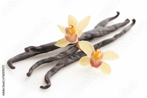 vanilla sticks with a delicate jelly vanilla orchid flower on white background
