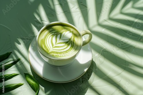 cup of bright matcha latte with latte art on a green background
