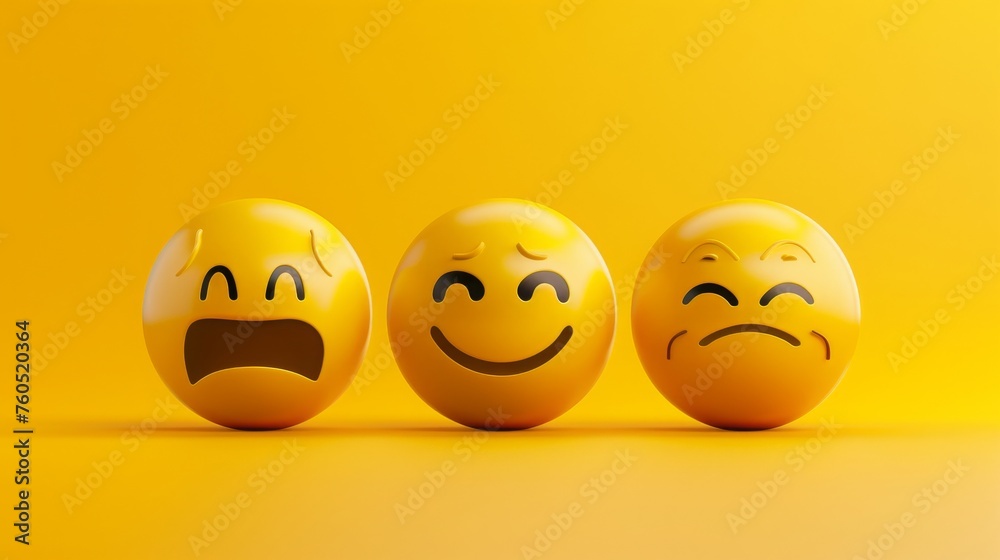 Three yellow smiley faces in one picture, one serious, one sad and one laughing, yellow background, copy space, 16:9 Three yellow smiley faces in one picture, one serious, one sad and one laughing, yellow background, copy space, 16:9