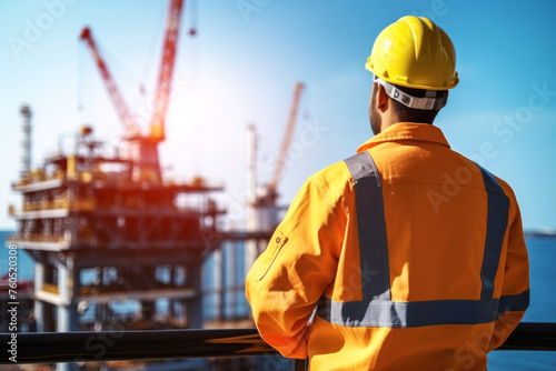 Back view of man working at offshore oil rig in the sea