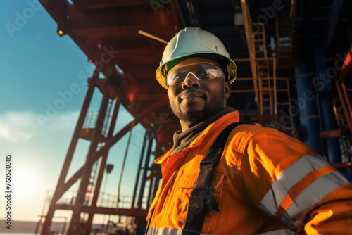 African American man working at offshore oil rig in the sea
