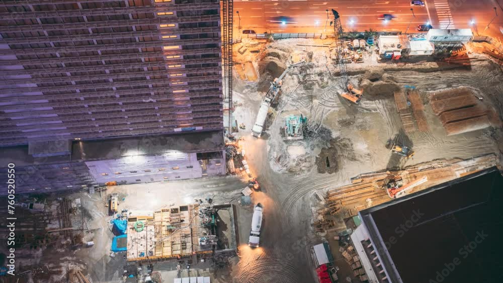Processing Of Metal Structures Building Skeleton. HD Development Multistorey Residential Building. Nightwork Development Of Modern Multi-storey Residential Houses. Freight Elevator Lifts Cargo