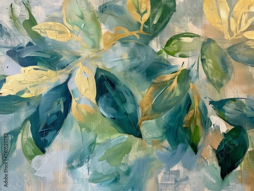 Painting featuring vibrant green and yellow leaves against a deep blue background
