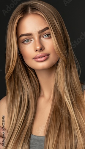 Stylish blonde woman with long flowing hair on dark background, beauty and hair care concept