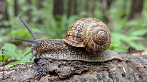 A snail crawls along a log in the woods