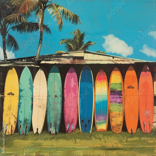Colorful Surfboards Lined Against Wall
