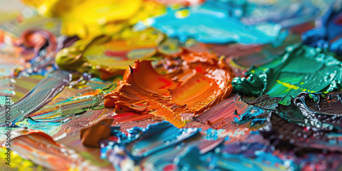 Artistic Palette with Colorful Paint Strokes texture. Vivid paint colorful strokes on an artist's wooden palette evoke creativity and the art process.