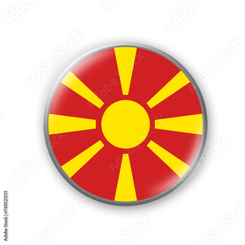 Round badge in the colors of the North Macedonia flag. Isolated on white background. Design element. 3D illustration. Signs and symbols