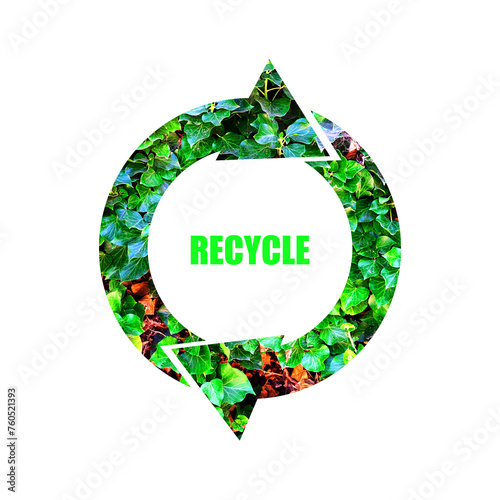 Round recycle icon, made from green leaves, Isolated on a white background. Garbage sorting concept. Recycling. Ecology.