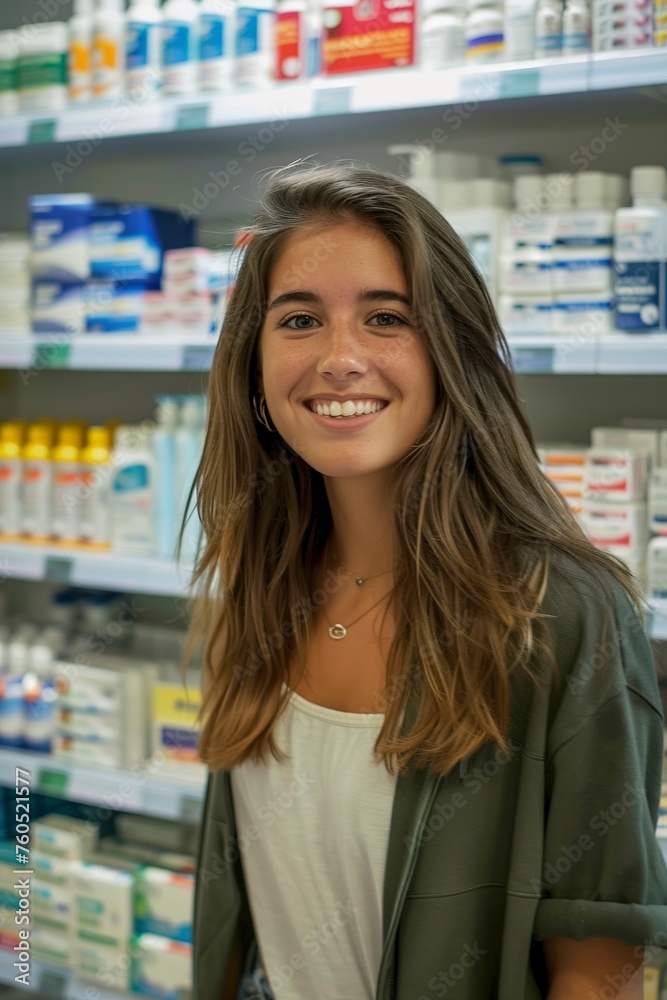 Smiling Hispanic Female Pharmacist in Pharmacy Shop Smiling Hispanic Female Pharmacist in Pharmacy Shop