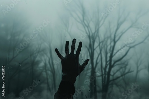 hand is reaching out from the fog, with a blurred background and gray tones