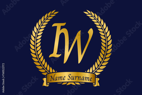 Initial letter I and W, IW monogram logo design with laurel wreath. Luxury golden calligraphy font.