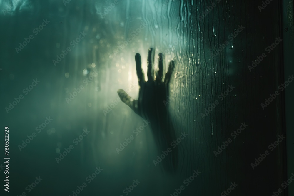 hand is reaching out from the fog, with a blurred background and gray tones, scarry scene