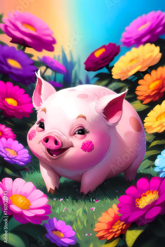 Cute pink piggy with blush on cheeks jumping in flowers, beautiful illustration perfect for children's books, fairy tales, covers, print designs