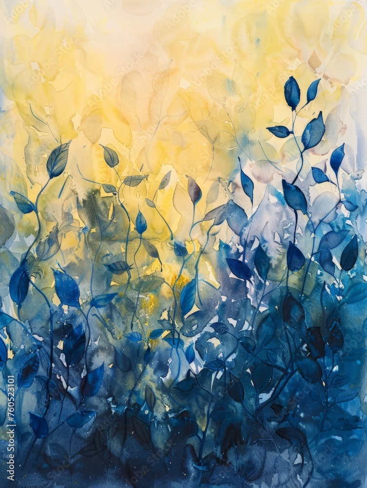 A painting featuring bright blue and yellow flowers in a vibrant and colorful composition