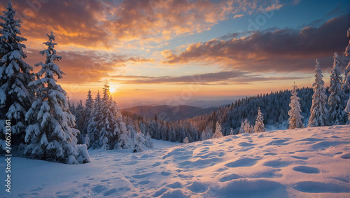 A snowy mountain landscape at sunset.