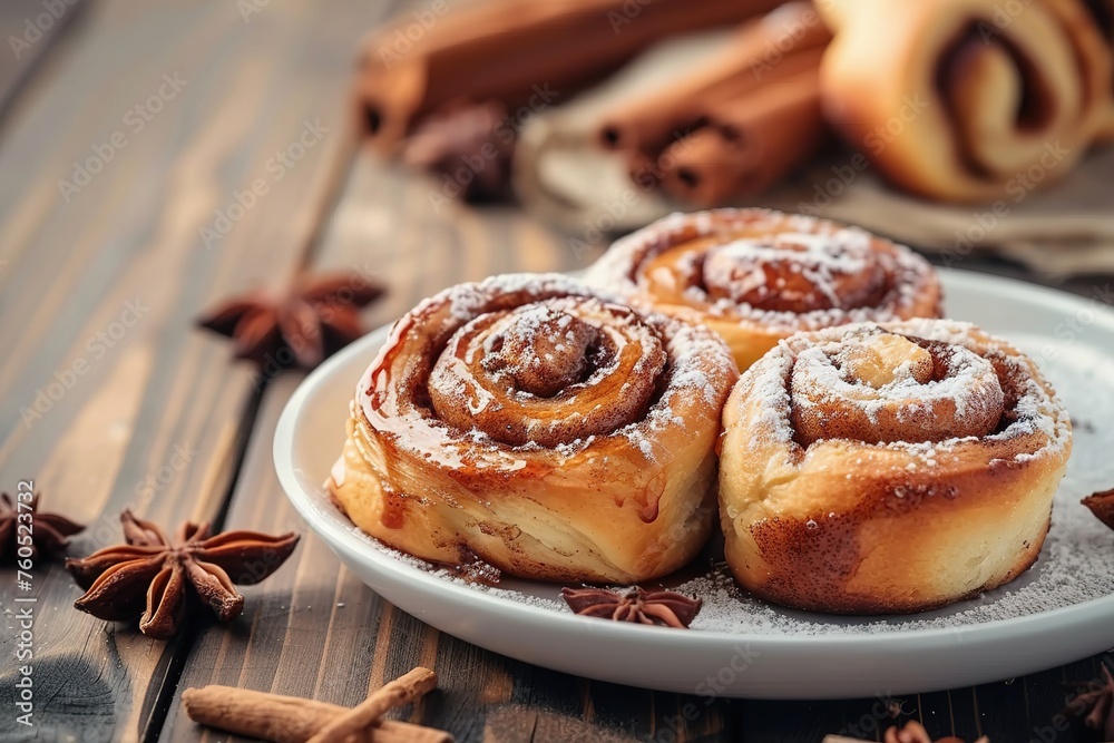 tasty cinnamon rolls on plate on wooden table tasty cinnamon rolls on plate on wooden table