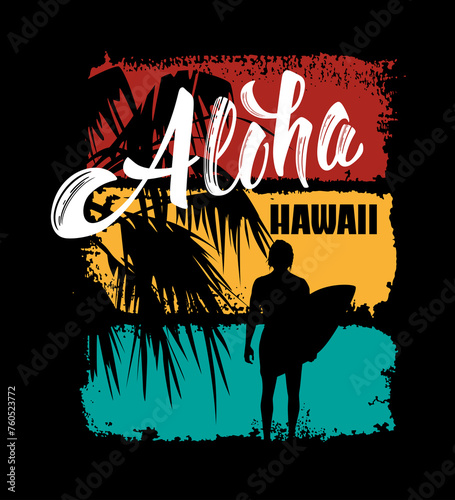Silhouette of a surfer and palm leaves against a background of multi-colored stripes.