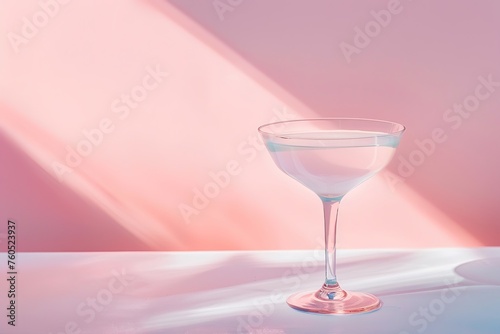Elegant glass filled with clear liquid on a pink background with soft shadows.