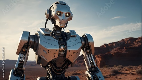 A detailed humanoid robot stands in a desert, its green eyes glowing, embodying advanced technology and artificial intelligence in a barren landscape