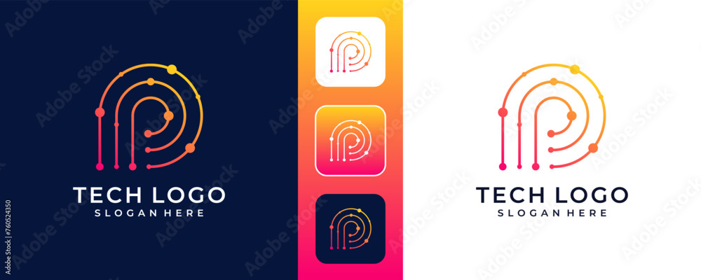 Linear P technology logo design with dot and connection - obrazy, fototapety, plakaty 