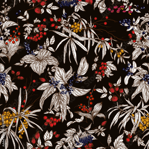 Seamless pattern of forest berries. Cornus sanguinea, sea buckthorn, rose hips, ligustrum, hawthorn, elderberry, paris quadrifolia, lily of the valley berries, euonymus, belladonna