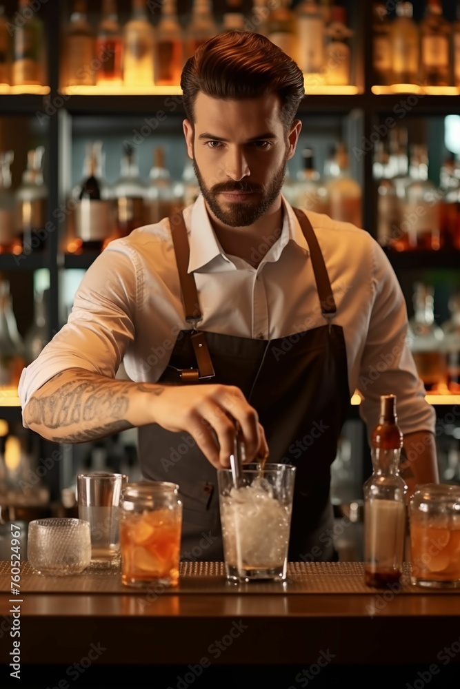 A young bartender in a brown apron pours the necessary ingredient for a cocktail from a brown alcoholic beverage bottle.