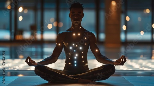 Man sitting in meditation pose  wellness  energetic  aura  reiki  grid of light glowing from beneath skin  person of color  energy medicine  enlightenment  healing light  chakras  meridiens