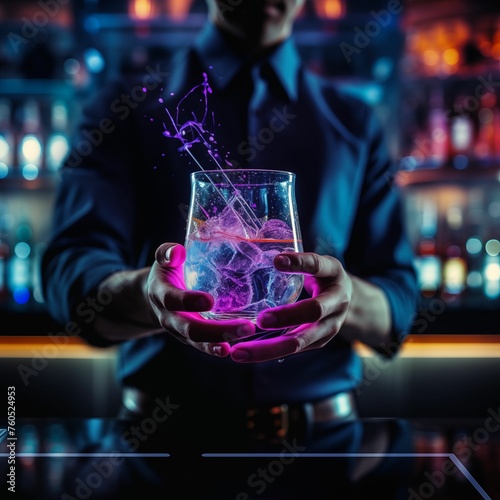 A bartender serves a futuristic drink. Close-up