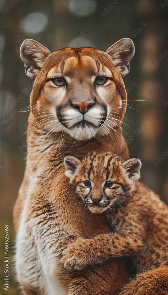 Male cougar and cub portrait with ample text space, object on right side for balanced composition