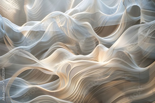 a close-up of a wavy surface covered in a hazy picture of a wave pattern, The silver surface is perfect for sophisticated backgrounds and designs. Conceptualized silver surfaces, sophisticated pattern © Baloch Arts