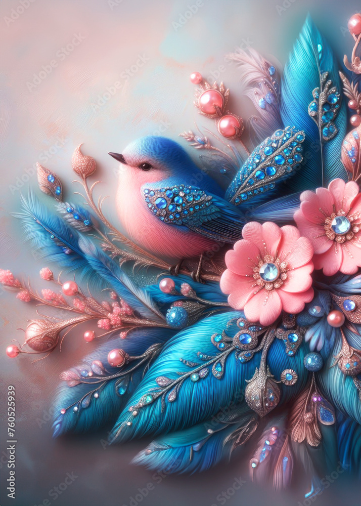 Close-up of a bird with blue and pink feathers made with small shining diamonds, pastel colors