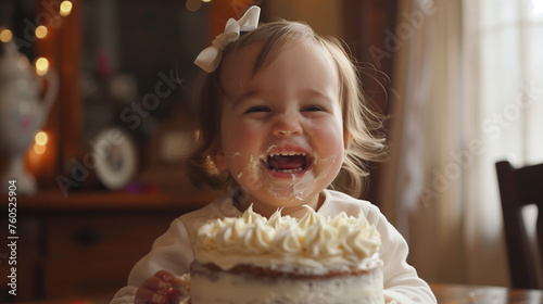 happy white english girl female toddler giggling and laughing celebrating her birthday with birthday cake photo