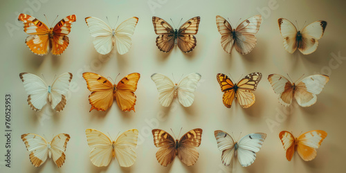 Wall Display of Varied Butterfly Specimens. Colorful butterflies in a curated wall exhibit, collection of butterflies for interior design.