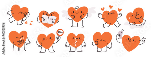 Cute hearts mascot characters. Health, lovely, sad, depressed, running hearts icon set. Flat graphic vector creative illustrations isolated on white background	