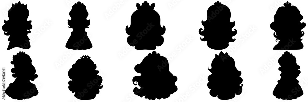 Princess girl silhouettes set, large pack of vector silhouette design, isolated white background.