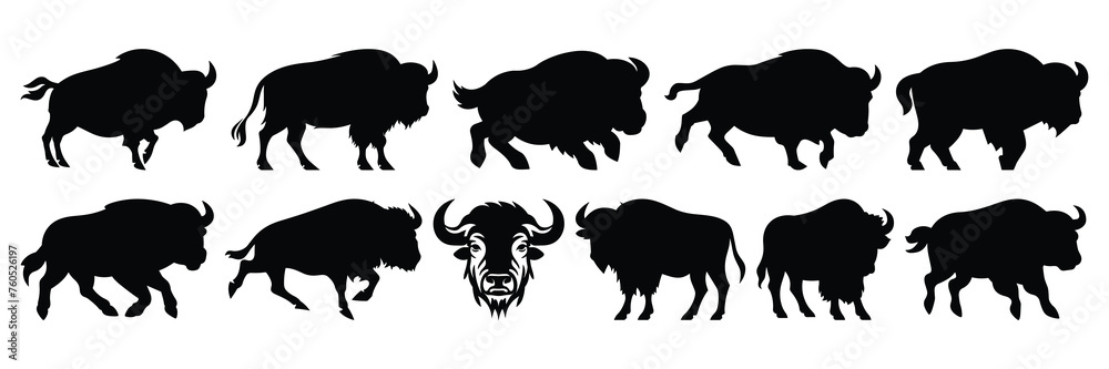 Bison buffalo silhouettes set, large pack of vector silhouette design, isolated white background - obrazy, fototapety, plakaty 