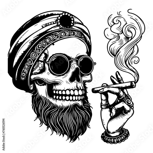 hand draw sketch black line art skull crossbones with cigarette or smoking vector illustration on isolated in white background