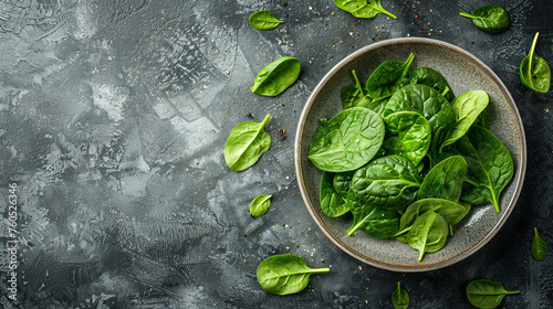 Fresh spinach leaves on white plate. Healthy vegan food, Top view сreated with Generative Ai