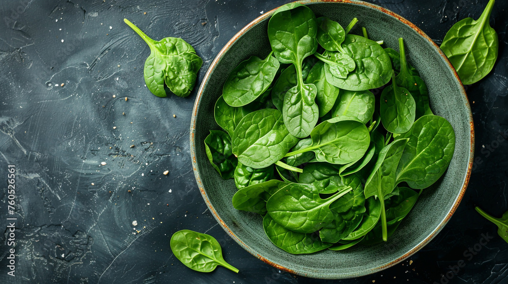 Fresh spinach leaves on white plate. Healthy vegan food, Top view сreated with Generative Ai Fresh spinach leaves on white plate. Healthy vegan food, Top view сreated with Generative Ai