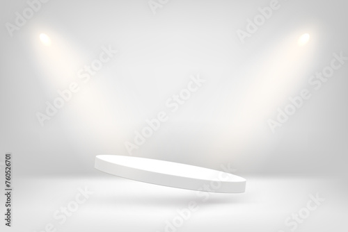 White interior with spot lights and flying empty pedestal. 3d vector illustration