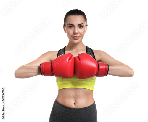 Beautiful woman in boxing gloves on white background © New Africa