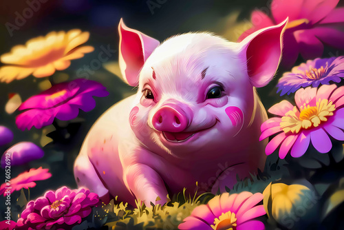 Cute smiling pig sitting on grass with flowers. Pink piglet with subtle blush marks on cheeks, lush garden of vibrant flowers, illustration, painting, poster, conceptual art