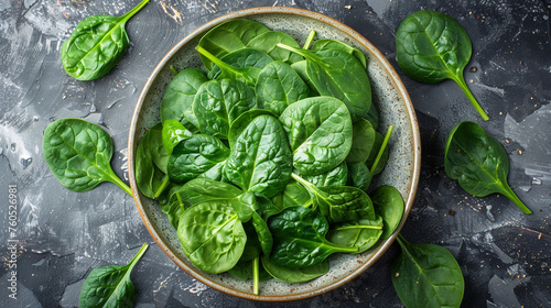 Fresh spinach leaves on white plate. Healthy vegan food, Top view сreated with Generative Ai