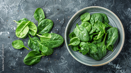 Fresh spinach leaves on white plate. Healthy vegan food, Top view сreated with Generative Ai