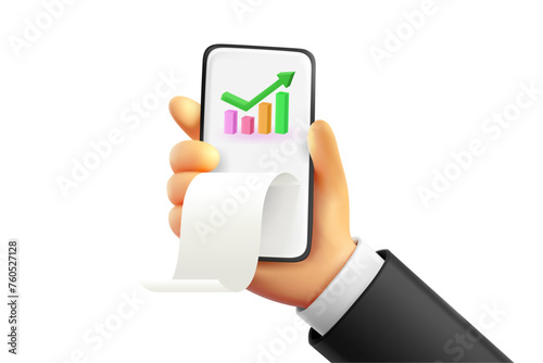 Businessman holding modern smartphone with business statistics. 3d vector illustration