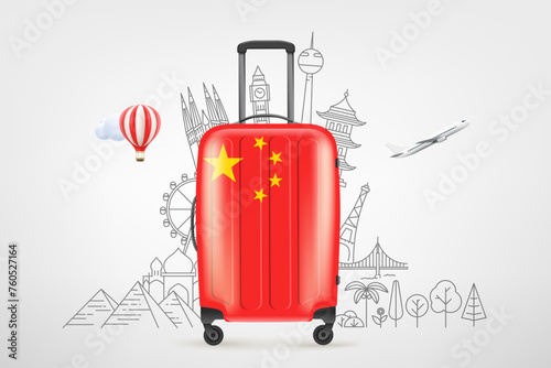 Plastic travel bag with chinese flag and famous world sights. 3d vector concept
