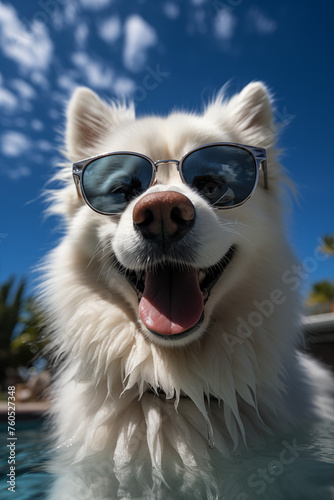 A fluffy white samoyed dog looks ultra cool in a pair of sunglasses, posing by the pool under a clear blue sky.
