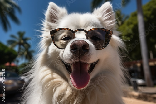 A cheerful white dog wearing sunglasses is the epitome of cool as it enjoys a sunny day by the pool, with palm trees in the background.  © RaptorWoman